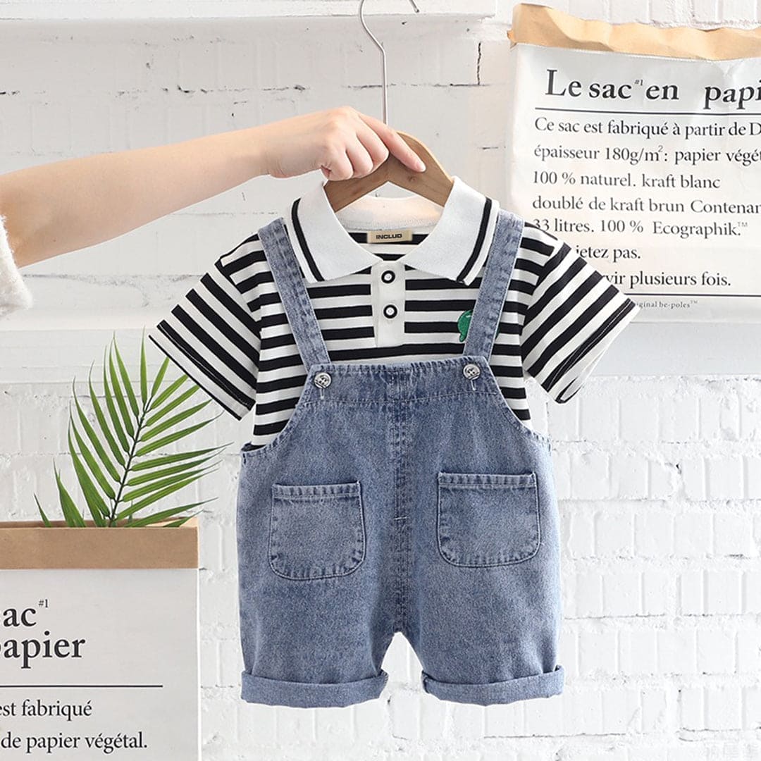 Boys Black Striped Polo T-shirt with Denim Dungaree Set