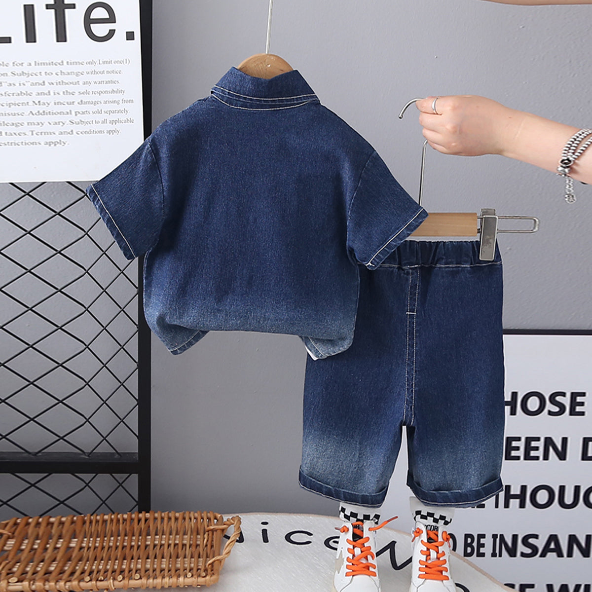 Boys Blue Denim Short Sleeves Shirt And Shorts  With Inner Tee Set