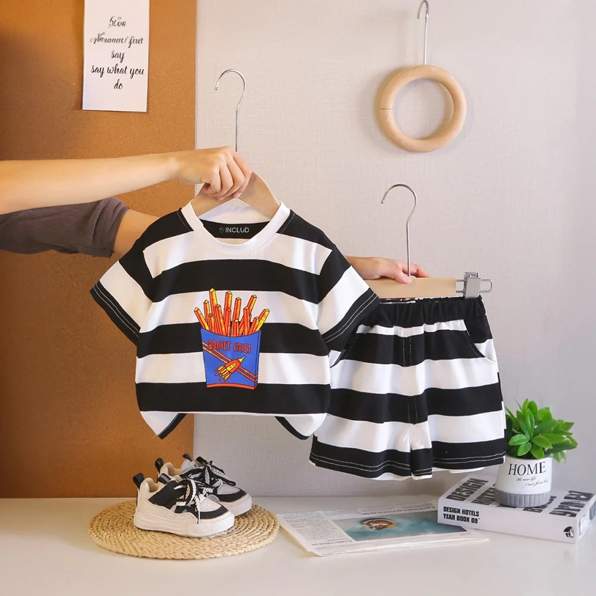 Boys Black Rocket Fries Striped T-Shirt With Elasticated Shorts Sets