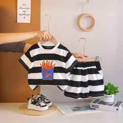 Boys Black Rocket Fries Striped T-Shirt With Elasticated Shorts Sets