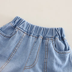 Boys Blue Embroidery Applique T-Shirt With Denim Shorts Set