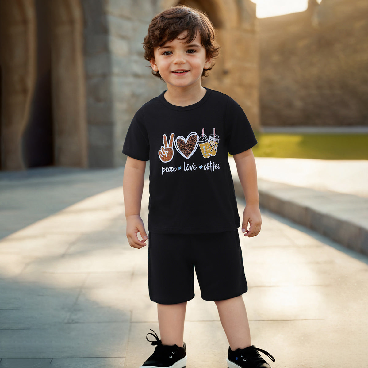 Boys Black Graphic T-Shirt With Elasticated Shorts Set