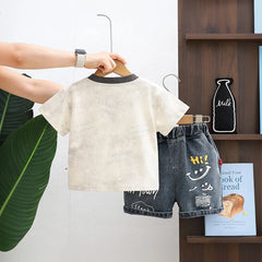 Boys Beige Typographic Print T-Shirt With Distressed Denim Shorts Set