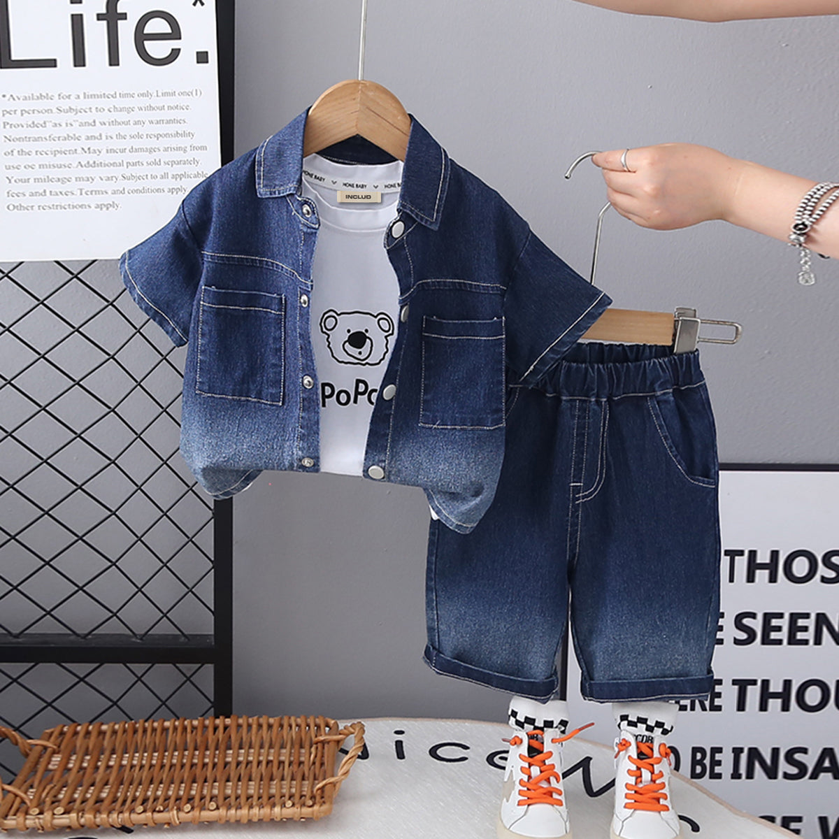 Boys Blue Denim Short Sleeves Shirt And Shorts  With Inner Tee Set