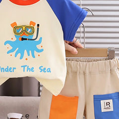 Boys Black Octopus Graphic Raglan Sleeve T-Shirt With Elasticated Shorts Sets