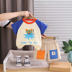 Boys Black Octopus Graphic Raglan Sleeve T-Shirt With Elasticated Shorts Sets
