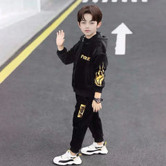 Boys Black Typographic Printed Hooded Zip-up Jacket With Jogger Sets