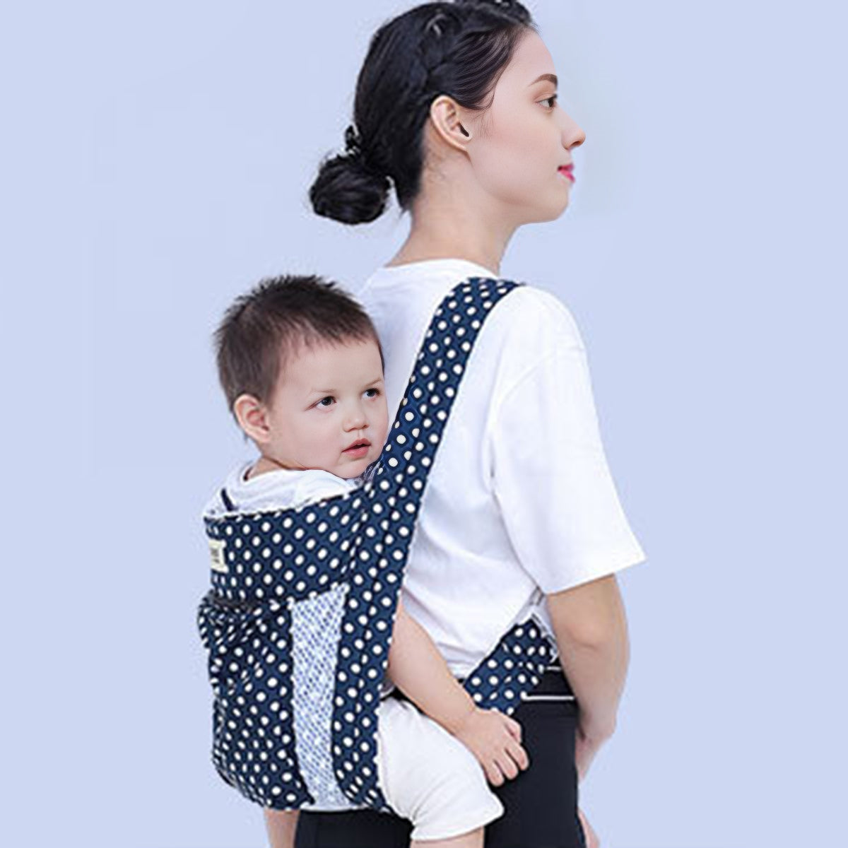Baby Navy Blue Polka Dot Carrier with Four Clips