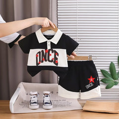 Boys Black Typographic Polo T-Shirt With Elasticated Shorts Sets