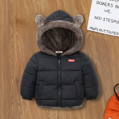 Boys Black Zip-up Puffer Jacket With Bear Ear On Hood