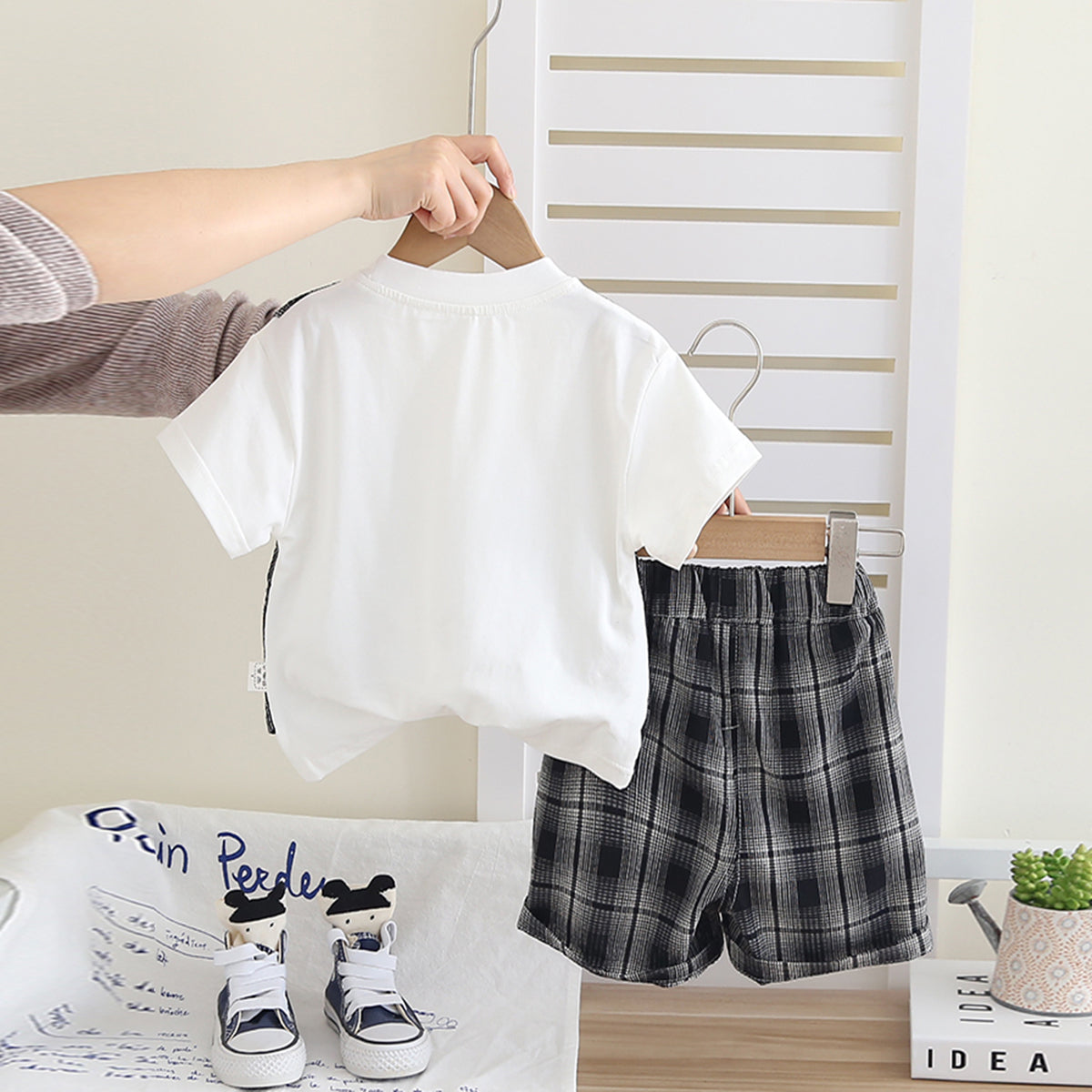 Boys Black Checked Mock Waistcoat T-Shirt With Shorts Set