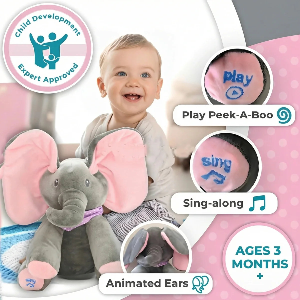 Baby Pink Peek-a-Boo Musical Elephant Plush Toy