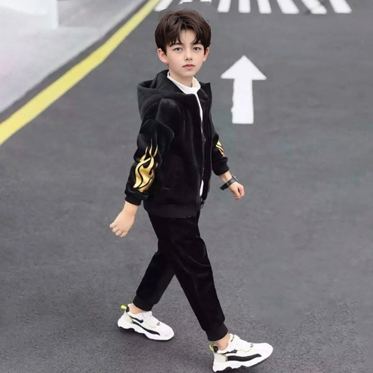 Boys Black Typographic Printed Hooded Zip-up Jacket With Jogger Sets