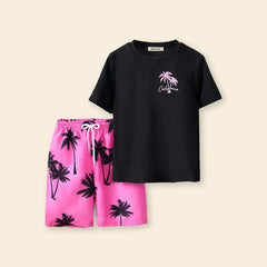 Boys Black Tropical Printed Short Sleeves T-Shirt & Shorts Swimsuit Sets