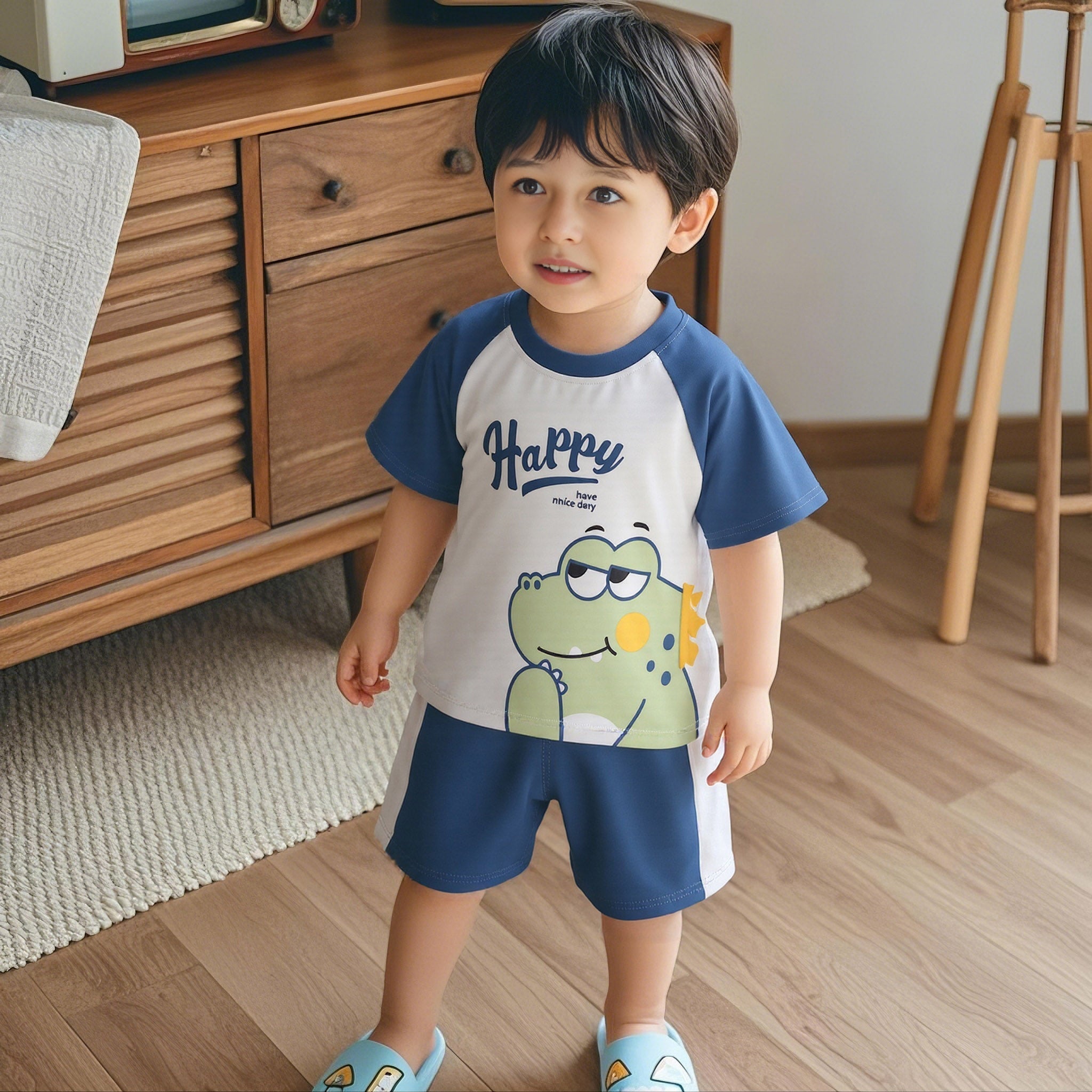 Boys Blue Happy Dinosaur Print Raglan Sleeve T-Shirt With Shorts Set
