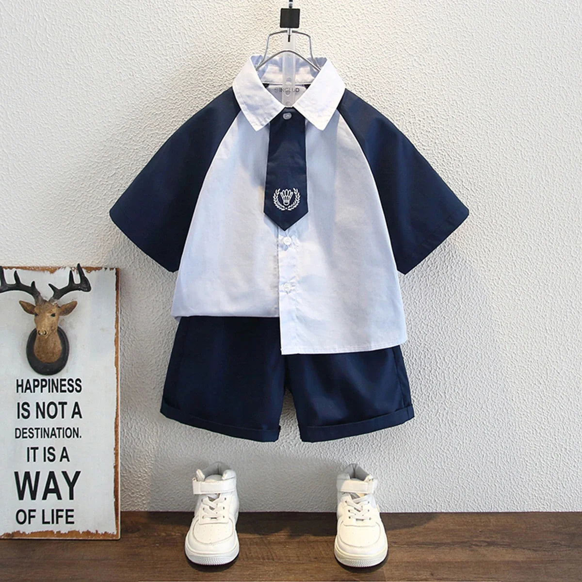 Boys Blue Colorblocked Short Sleeves Shit With Shorts Set