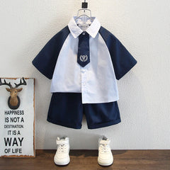 Boys Blue Colorblocked Short Sleeves Shit With Shorts Set