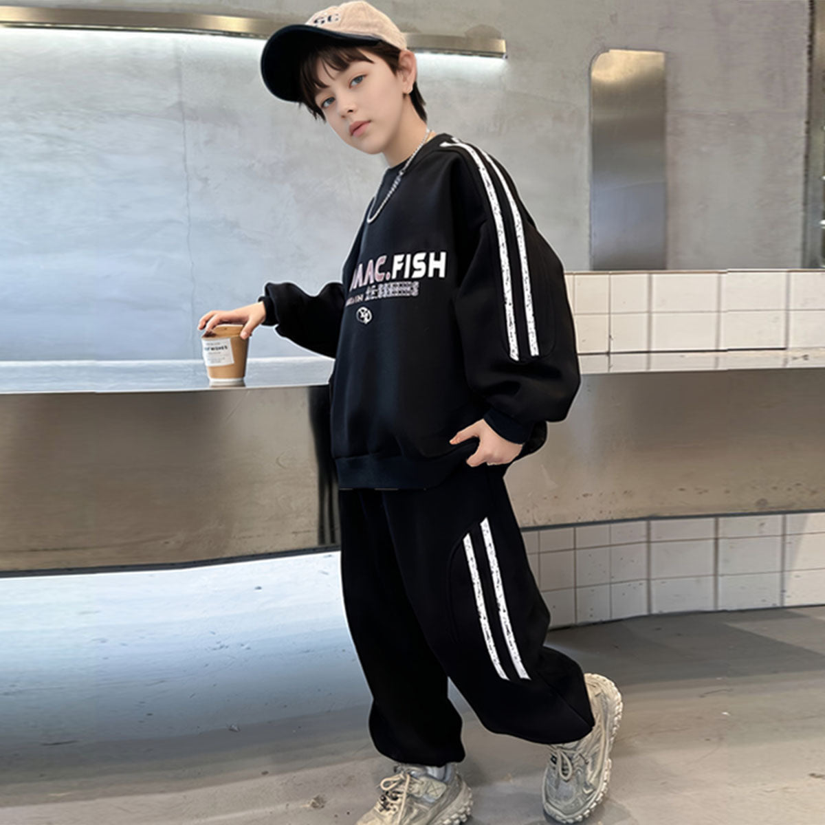 Boys Black Typographic Printed Sweatshirt With Joggers Winter Co-ord Sets