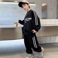 Boys Black Typographic Printed Sweatshirt With Joggers Winter Co-ord Sets