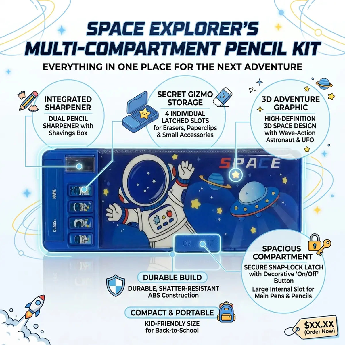 Astronaut Space Adventure Pencil Case Kids School Stationery Box