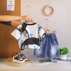 Boys Black Abstract Print Short Sleeves T-Shirt With Denim Shorts Set