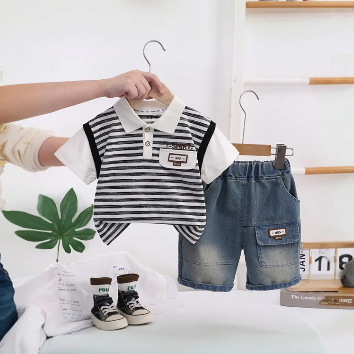 Boys Black Striped Short Sleeve Polo T-Shirt With Elasticated Denim Shorts