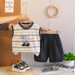 Boys Beige Animal Striped Sleeveless T-Shirt With Elasticated Shorts Sets