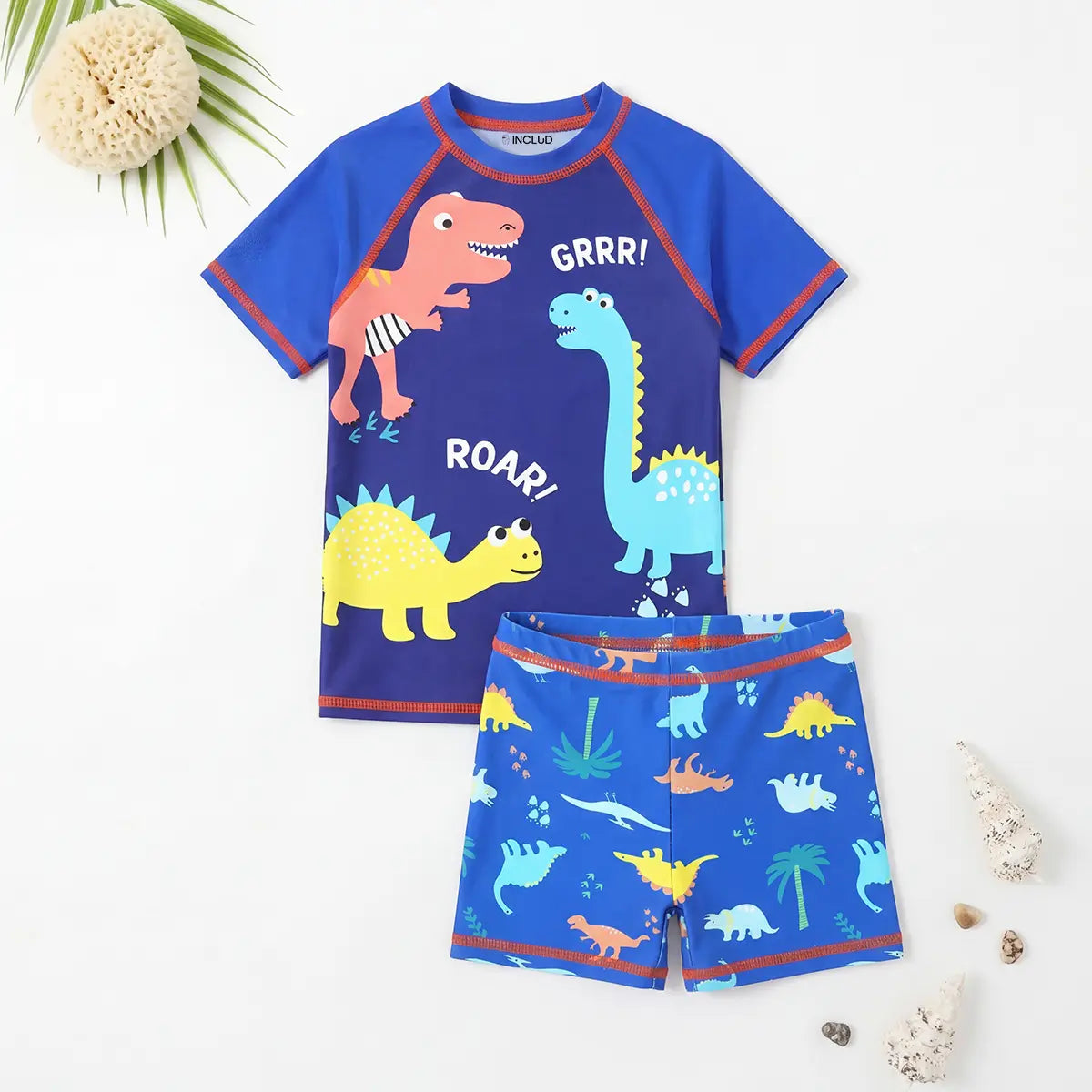 Boys Blue Dinosaur Printed T-Shirt With Shorts Swimwear Sets