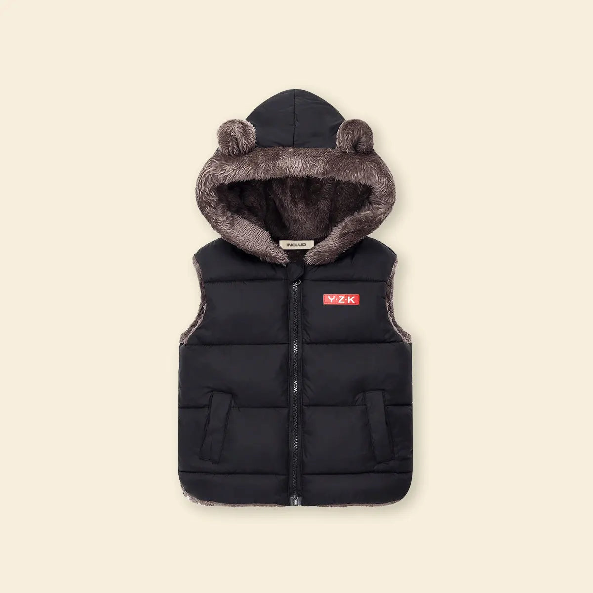 Boys Black Sleeveless Hooded Puffer Vest With Faux-fur Trim