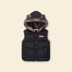 Boys Black Sleeveless Hooded Puffer Vest With Faux-fur Trim