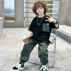 Boys Black Oversized T-Shirt With Checked Joggers Sets