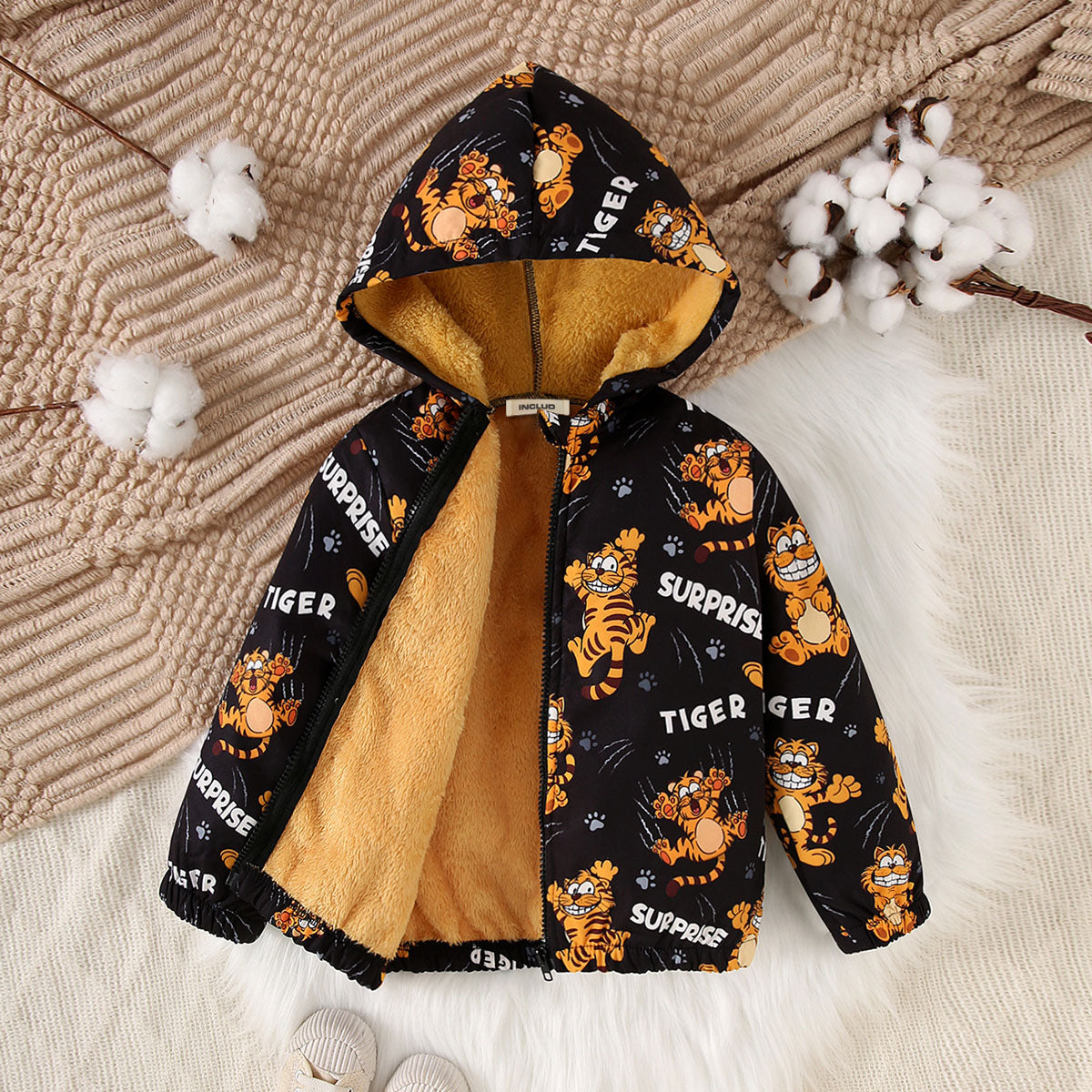 Boys Black Animal Print Hooded Jackets