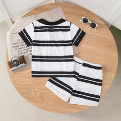 Boys Black Short Sleeve Striped Polo T-Shirt With Shorts Sets