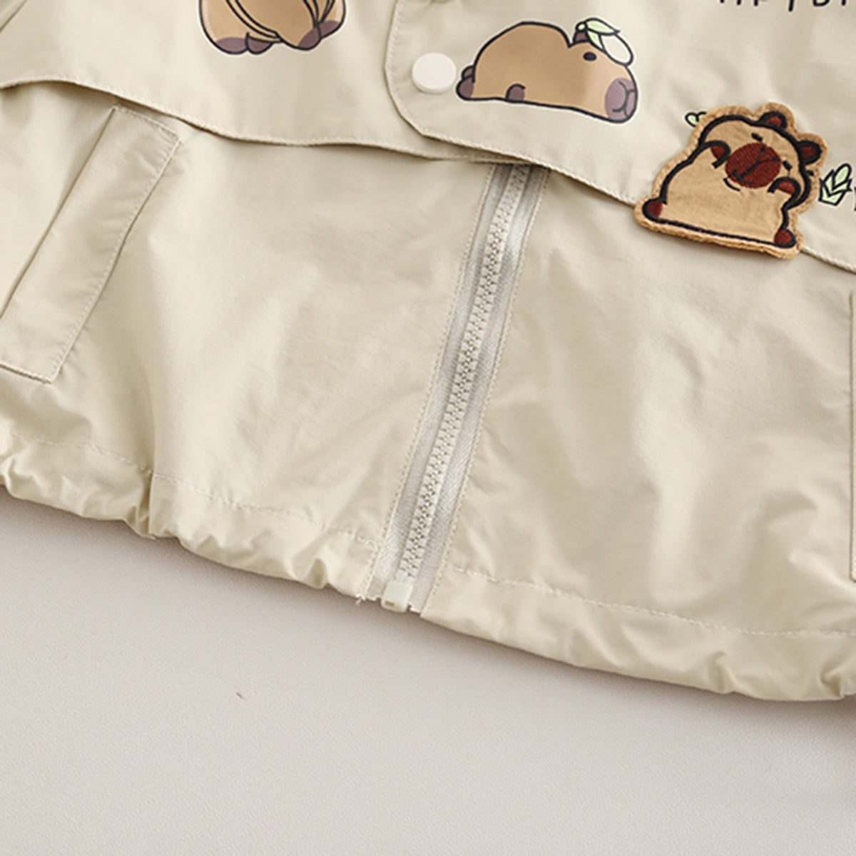 Boys Beige Capybara Printed Hooded Jacket With Joggers Set