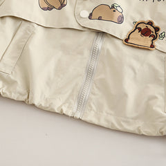 Boys Beige Capybara Printed Hooded Jacket With Joggers Set