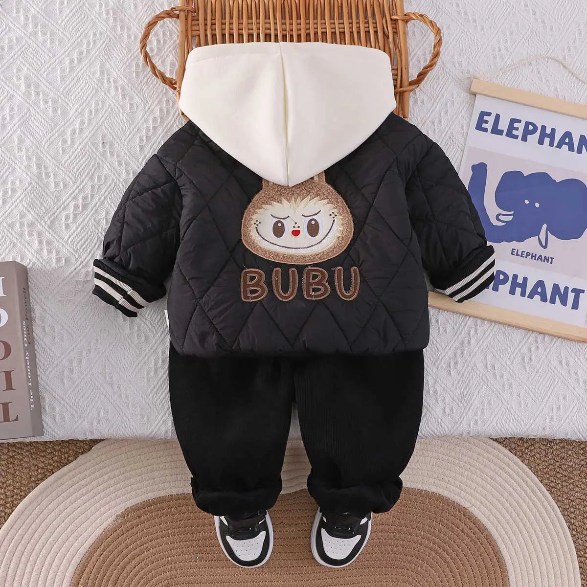 Boys Black Quilted Puffer Hooded Jacket With Jogger Sets