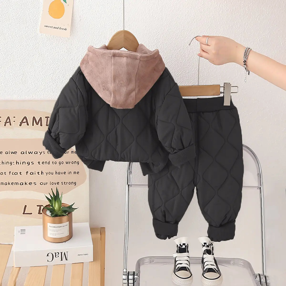 Boys Black Self-Design Jacket With Trouser Sets