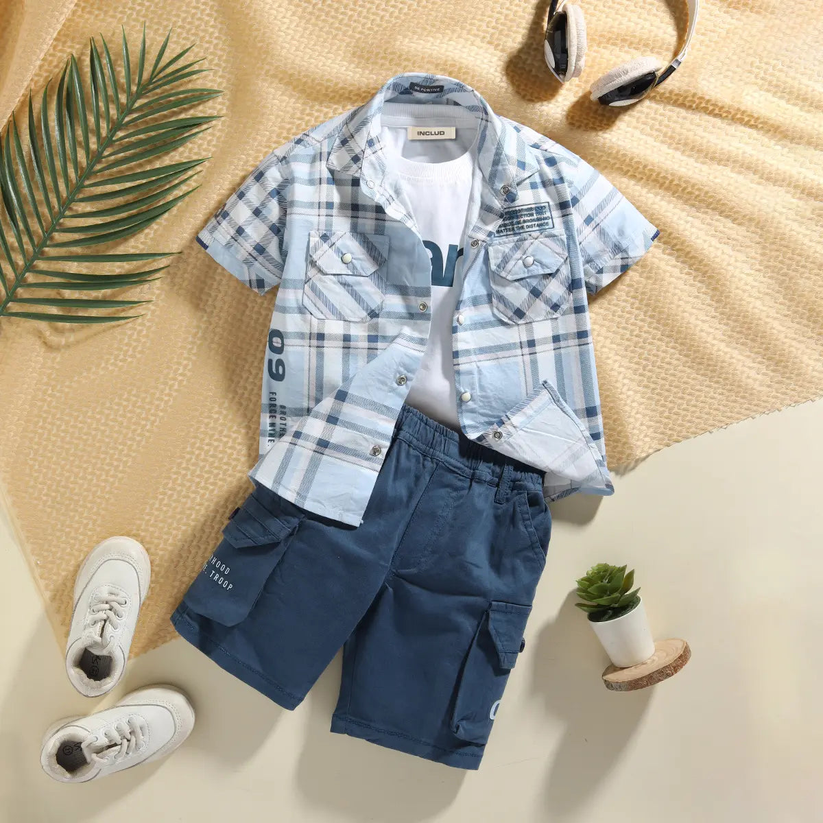 Boys Blue Checked Short Sleeves Shirt With Cargo Shorts & T-Shirt Sets