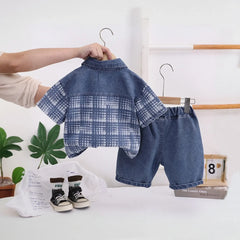 Boys Blue Checked Short Sleeve Shirt With T-Shirt And Denim Shorts Sets