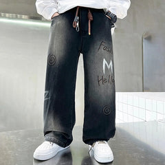 Boys Black Typographic Print Loose Fit Denim Jeans
