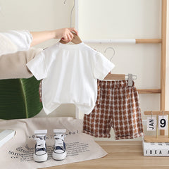 Boys Attached Waistcoat T-Shirt With Brown Abstract Printed Shorts Set