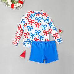 Boys Blue Allover Bow Printed T-Shirt With Shorts Swimwear Sets
