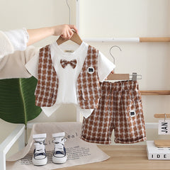 Boys Attached Waistcoat T-Shirt With Brown Abstract Printed Shorts Set