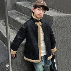 Boys Black Faux Leather Heavy Jacket With Fleece Lining