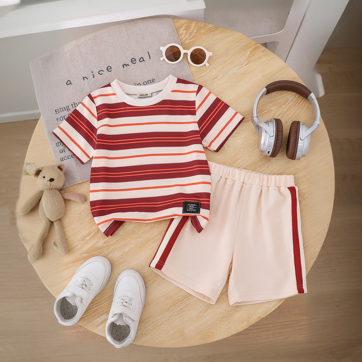 Boys Apricot Stripes Print Short Sleeve T-Shirt With Elasticated Shorts Set