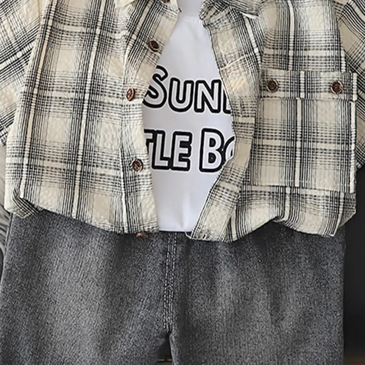 Boys Beige Checked Shirt With Printed T-Shirt And Denim Shorts Sets