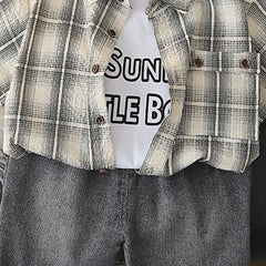 Boys Beige Checked Shirt With Printed T-Shirt And Denim Shorts Sets