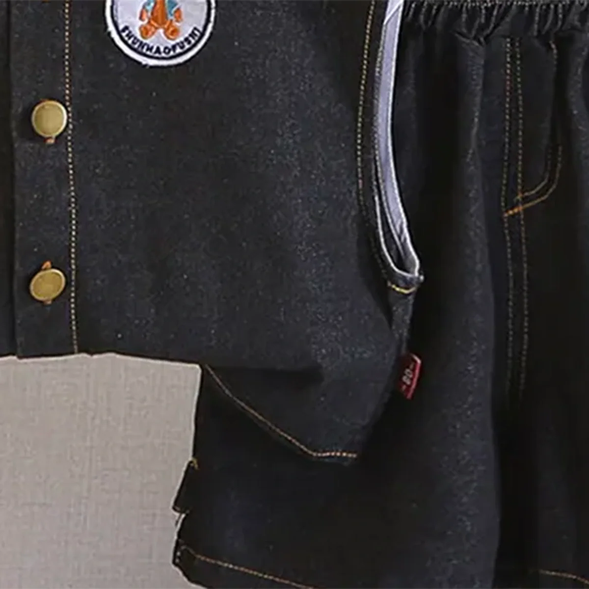 Boys Black Denim Sleeveless Jacket With Printed T-Shirt & Shorts Sets