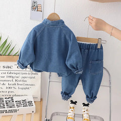 Boys Blue Half Zipper Denim Jacket With Jogger Co-ord Sets