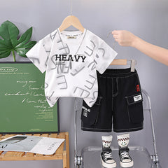 Boys Alphabetic Printed T-Shirt With Black Cargo Shorts Set